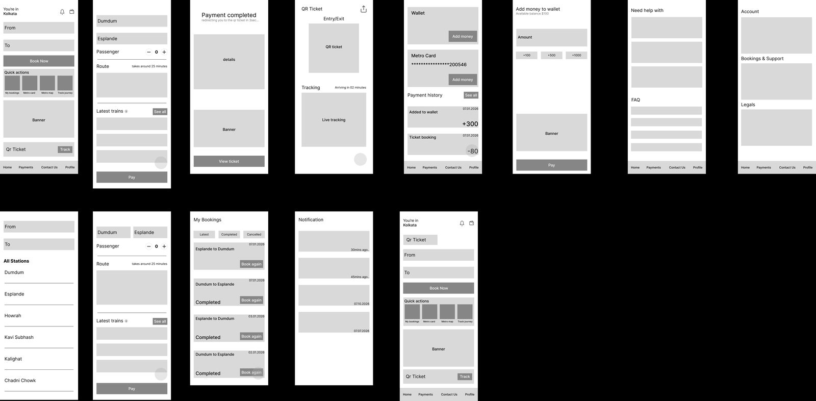 Mid-fidelity wireframes of the redesigned app